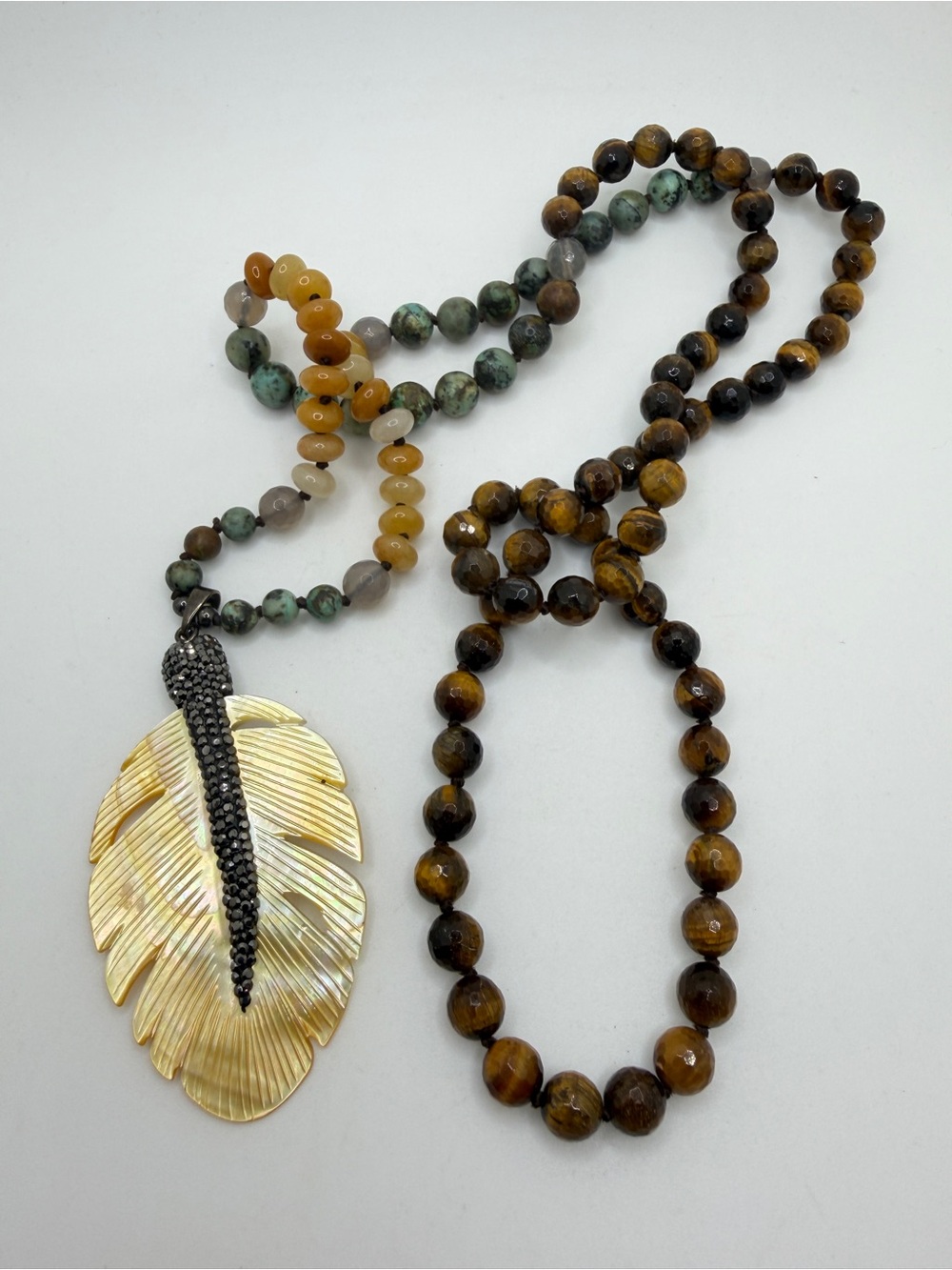 36" Mala bead necklace w/ Tigers Eye, African Turquoise, and Yellow Onyx!